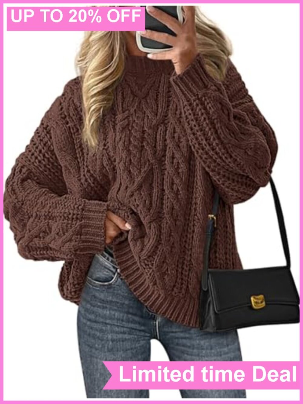 Oversized Cable Knit Chunky Sweater Pullover Crew Neck Long Sleeve